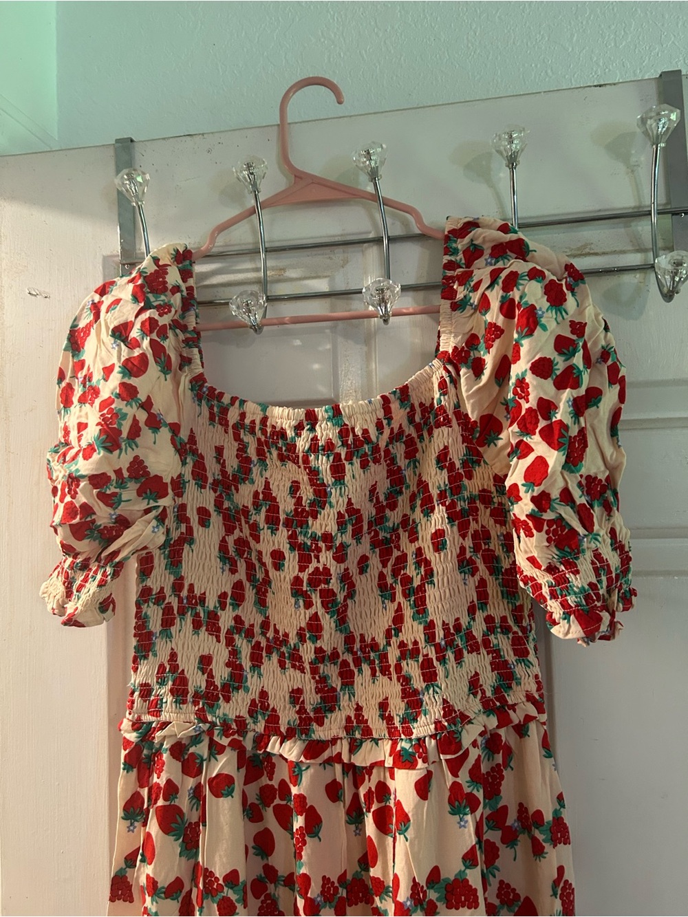 Betsey Johnson Cream Strawberry Print Maxi Dress with Red & Green Accents - Picture 2 of 3
